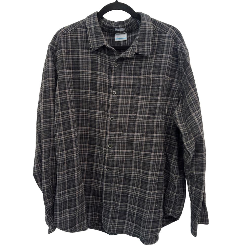 Columbia Flannel Shirt Grey‎ Black Plaid 100% Cotton XXL Regular Fit Button Down